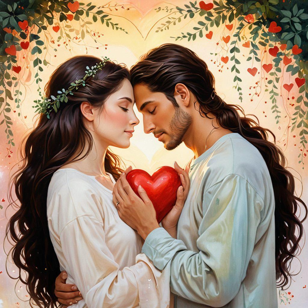 A tender moment between two people deeply connected, looking into each other's eyes with soft smiles, surrounded by a warm, serene ambiance. The background features subtle symbols of love and connection such as linked hearts and intertwining vines. Emphasize the sense of trust, support, and affection through gentle hand touches and body language. painting. soft hues. dreamy lighting.