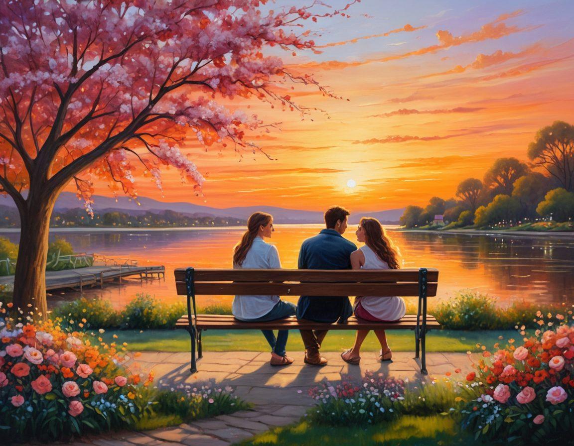 A couple sitting on a cozy park bench, surrounded by blooming flowers and a sunset sky, sharing an intimate conversation. Their expressions show deep connection and joy, with heart-shaped light trails subtly connecting their hearts. Soft, warm tones with a dreamy and romantic atmosphere. painting. vibrant colors.