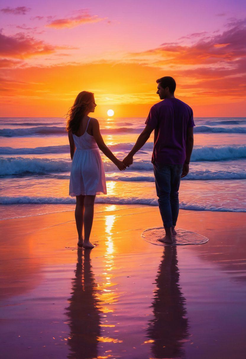 A couple engaged in a deep, heartfelt conversation on a picturesque beach as the sun sets, casting a golden glow over the tranquil ocean waves. They are holding hands, gazing into each other's eyes with a mixture of warmth and passion, surrounded by soft, floating heart-shaped lights. Their expressions reflect genuine emotional bonding and mutual affection. Toward the horizon, the sky is adorned with vibrant hues of orange, pink, and purple. super-realistic. vibrant colors.